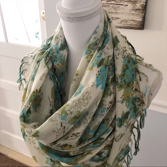 Blue Green Floral Fringe Square Scarf, 42” x 39” - Picture 6 of 8